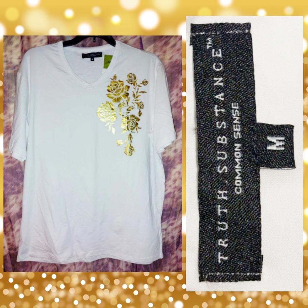 Truth Substance brand White w/Gold Foil Floral Print Soft Knit T-shirt Sz Medium